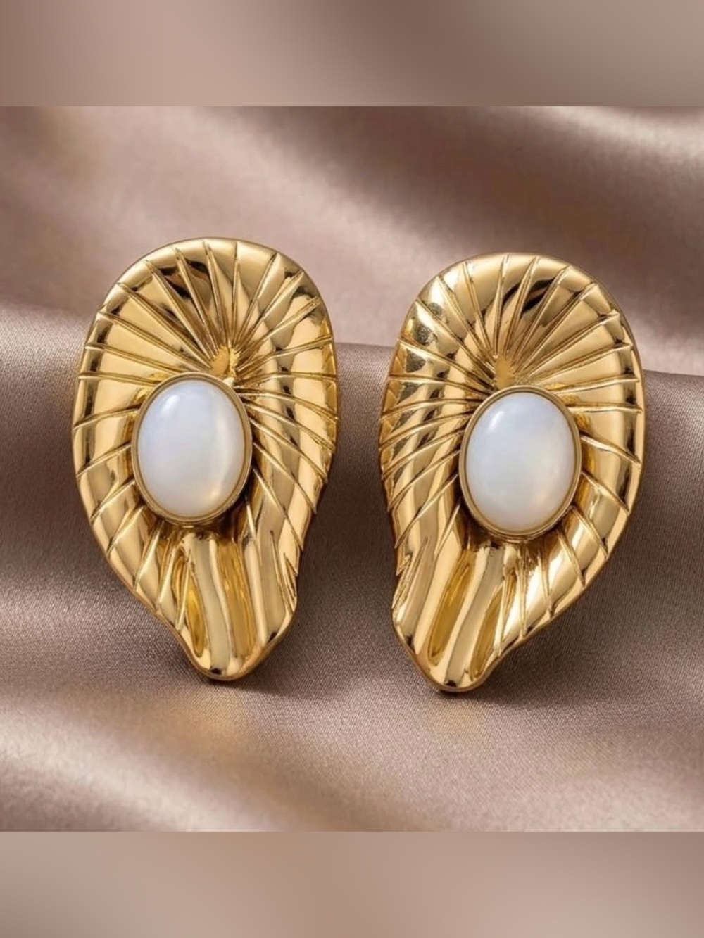 Gold Shell Earrings with White Stone